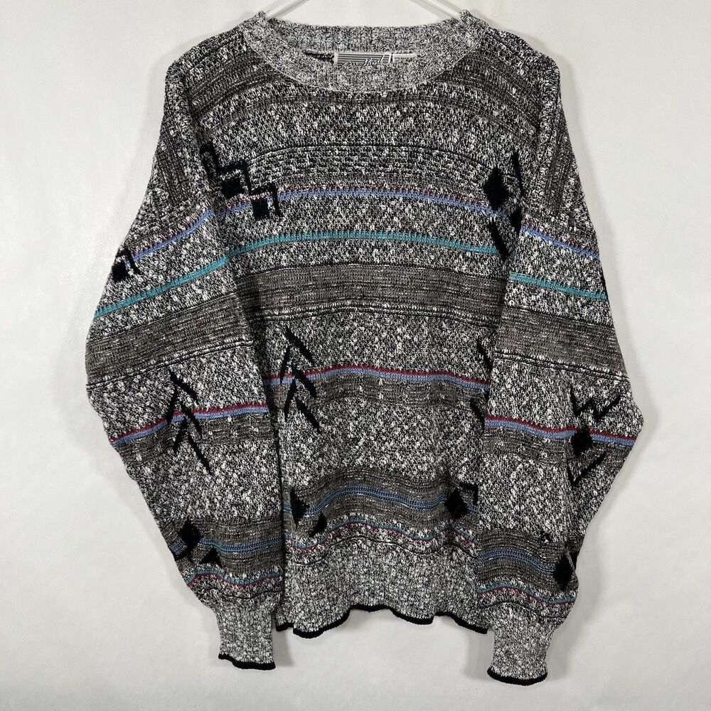 VTG Method Crewneck Sweater Mens Medium Gray Geometric Ramie Linen Coogi Style